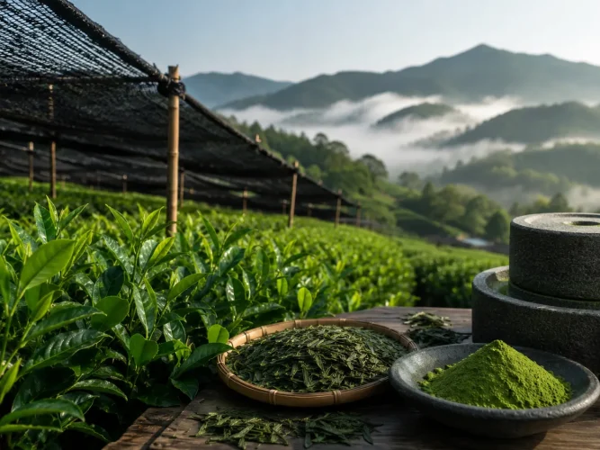 Misty Tea Fields And Matcha Mill