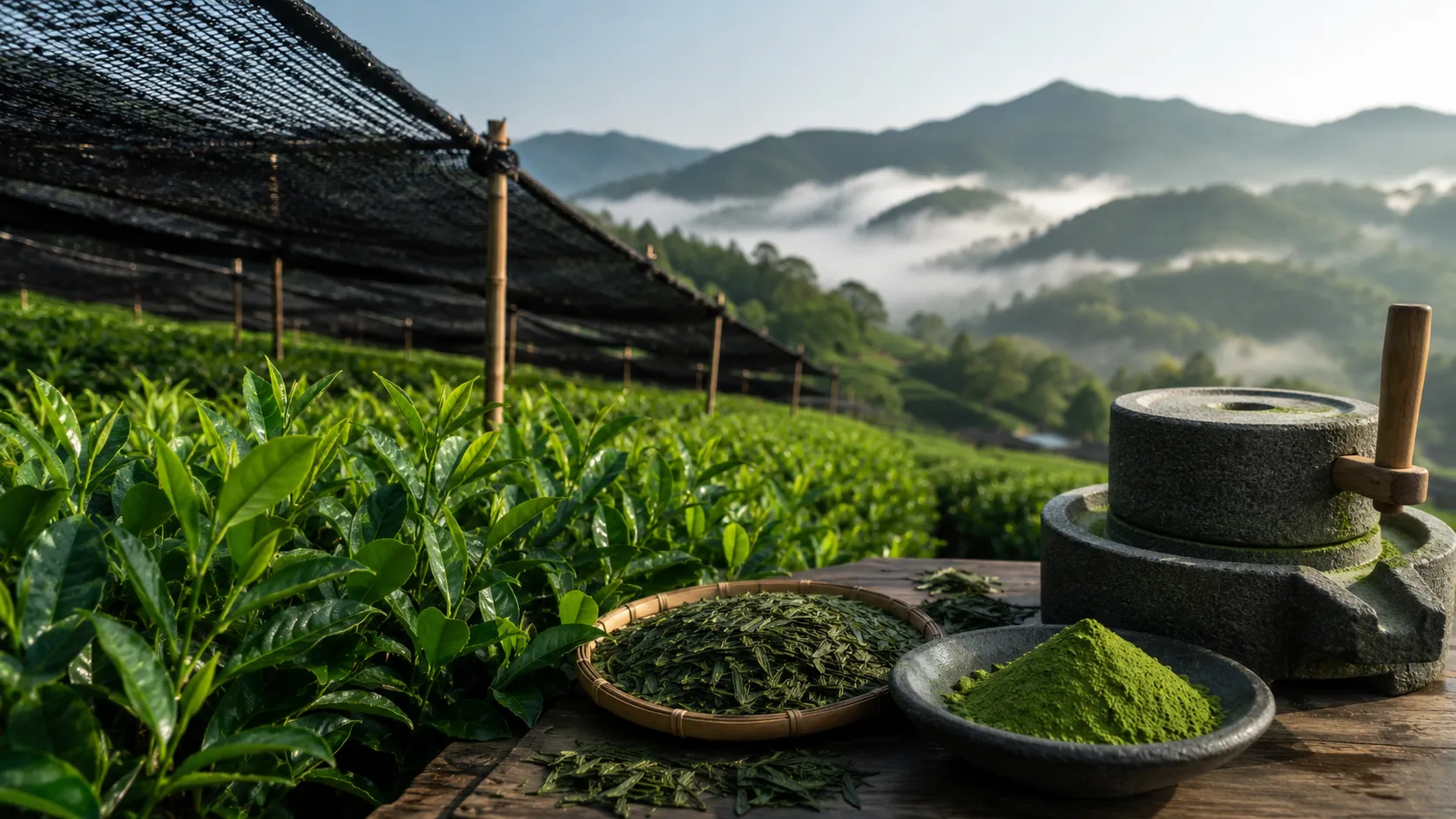 Misty Tea Fields And Matcha Mill