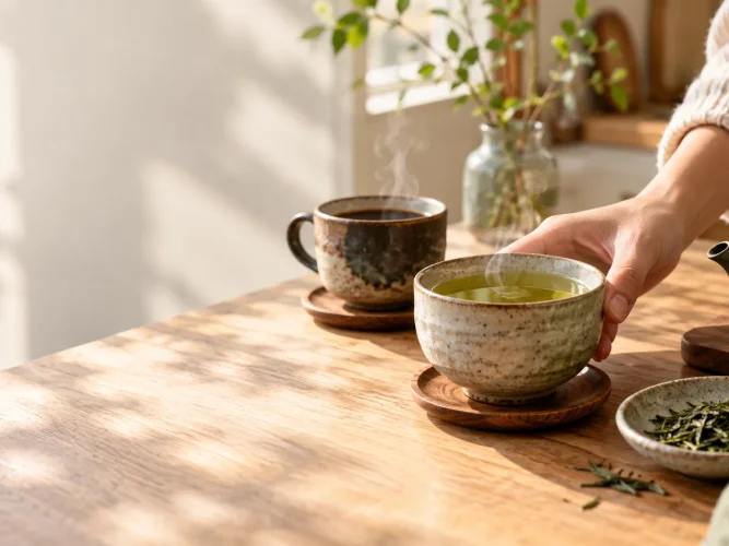 Morning coffee and Japanese green tea on a kitchen table beside a teapot.