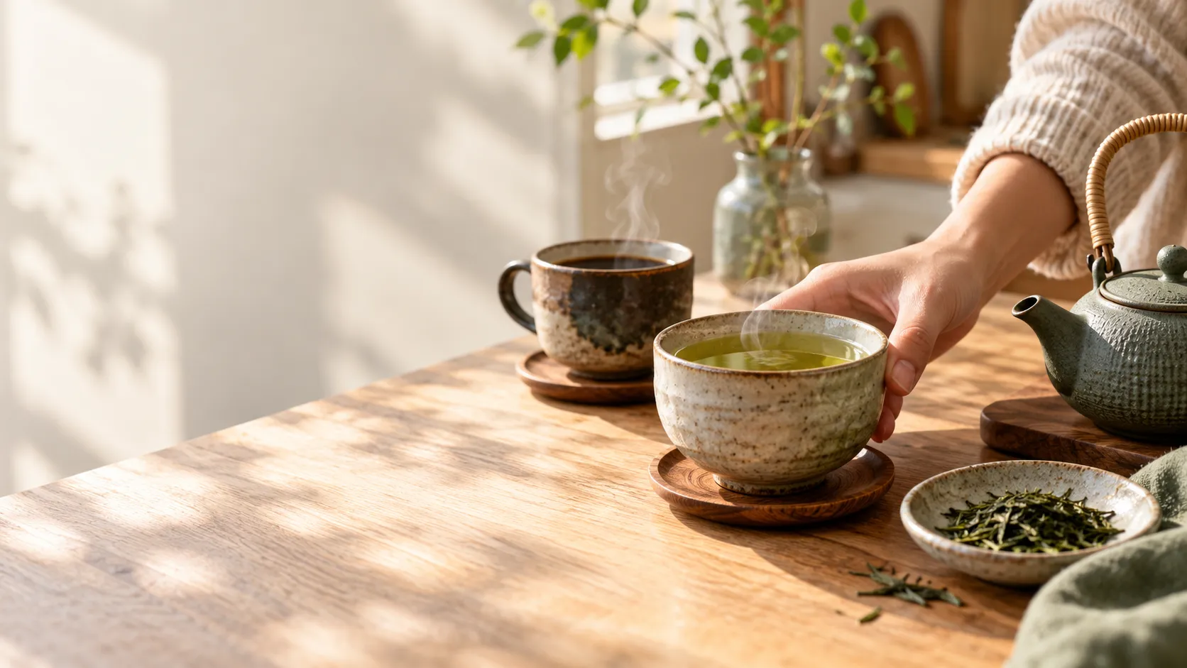 Morning coffee and Japanese green tea on a kitchen table beside a teapot.