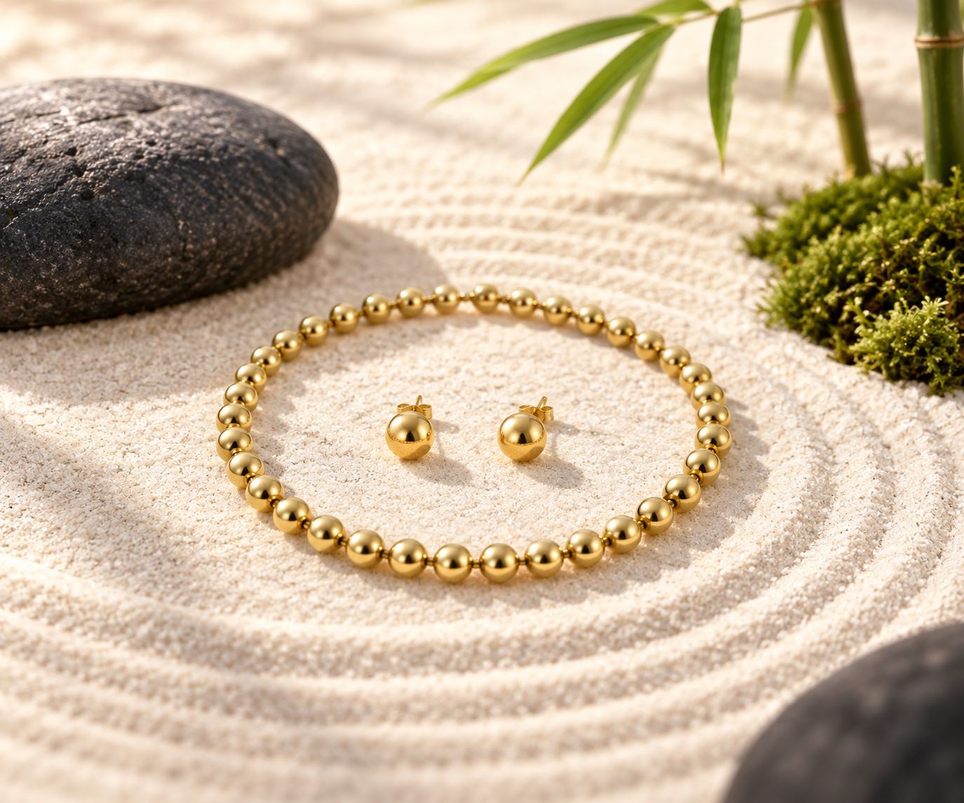 Gozen gold pearl necklace and earrings set presented with Japanese-inspired styling