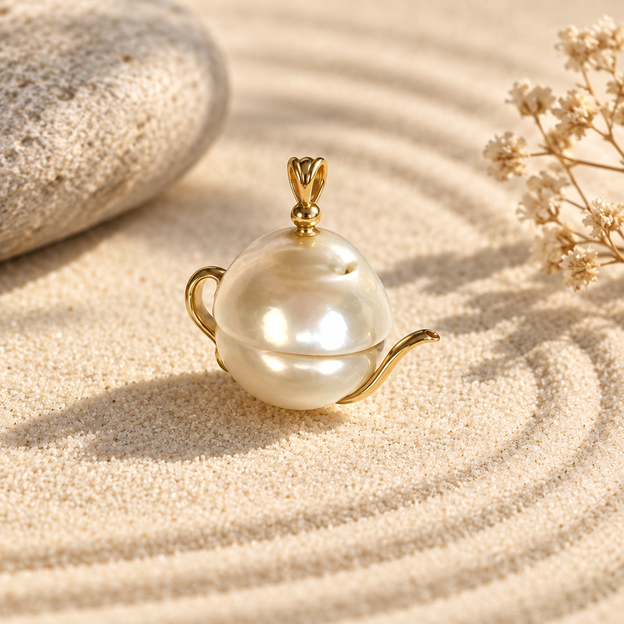 Gozen teapot pearl pendant with gold fittings