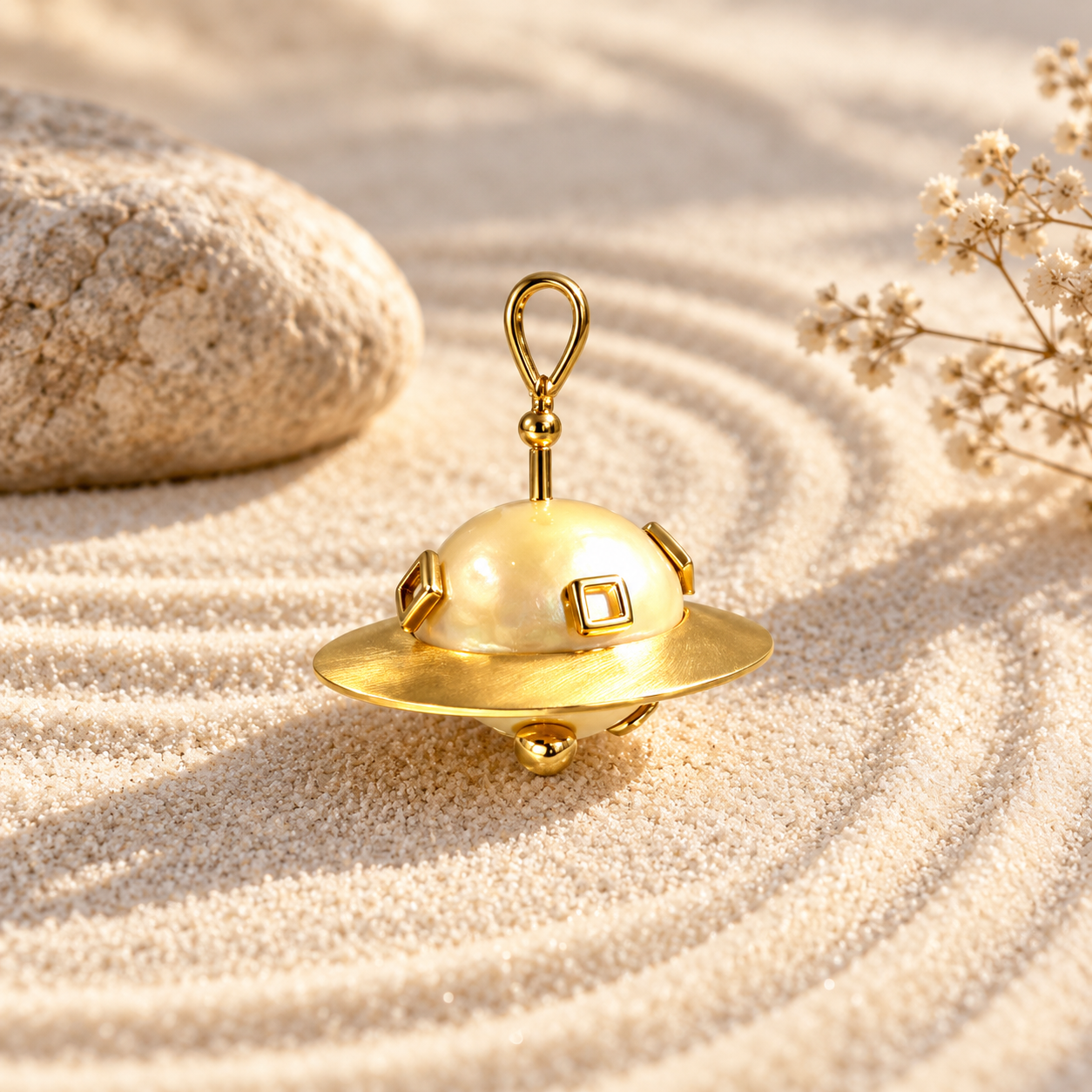 Gozen UFO-inspired pearl pendant with gold details
