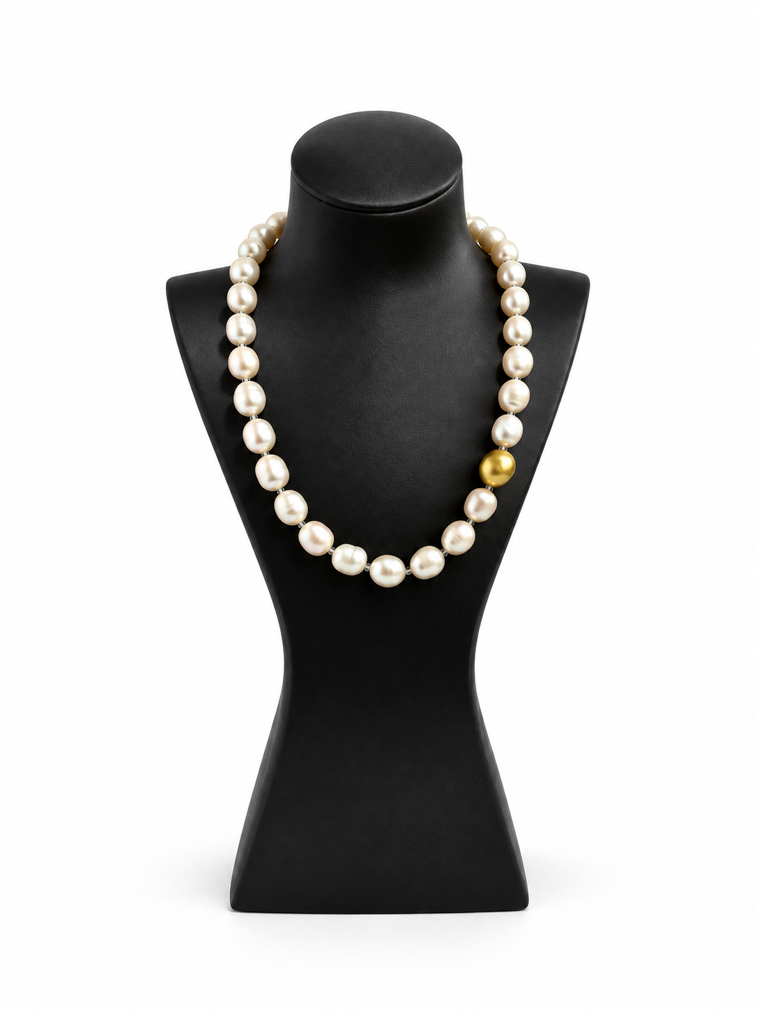 Gozen Wabi-Sabi pearl necklace with white pearls and a gold accent pearl