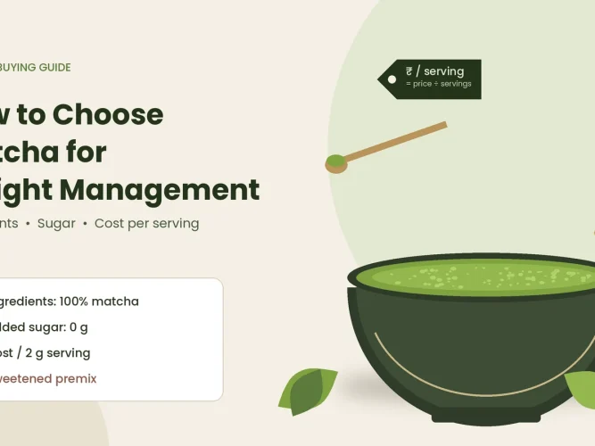 Bowl of whisked matcha with a bamboo whisk and checklist for ingredients, added sugar and cost per serving