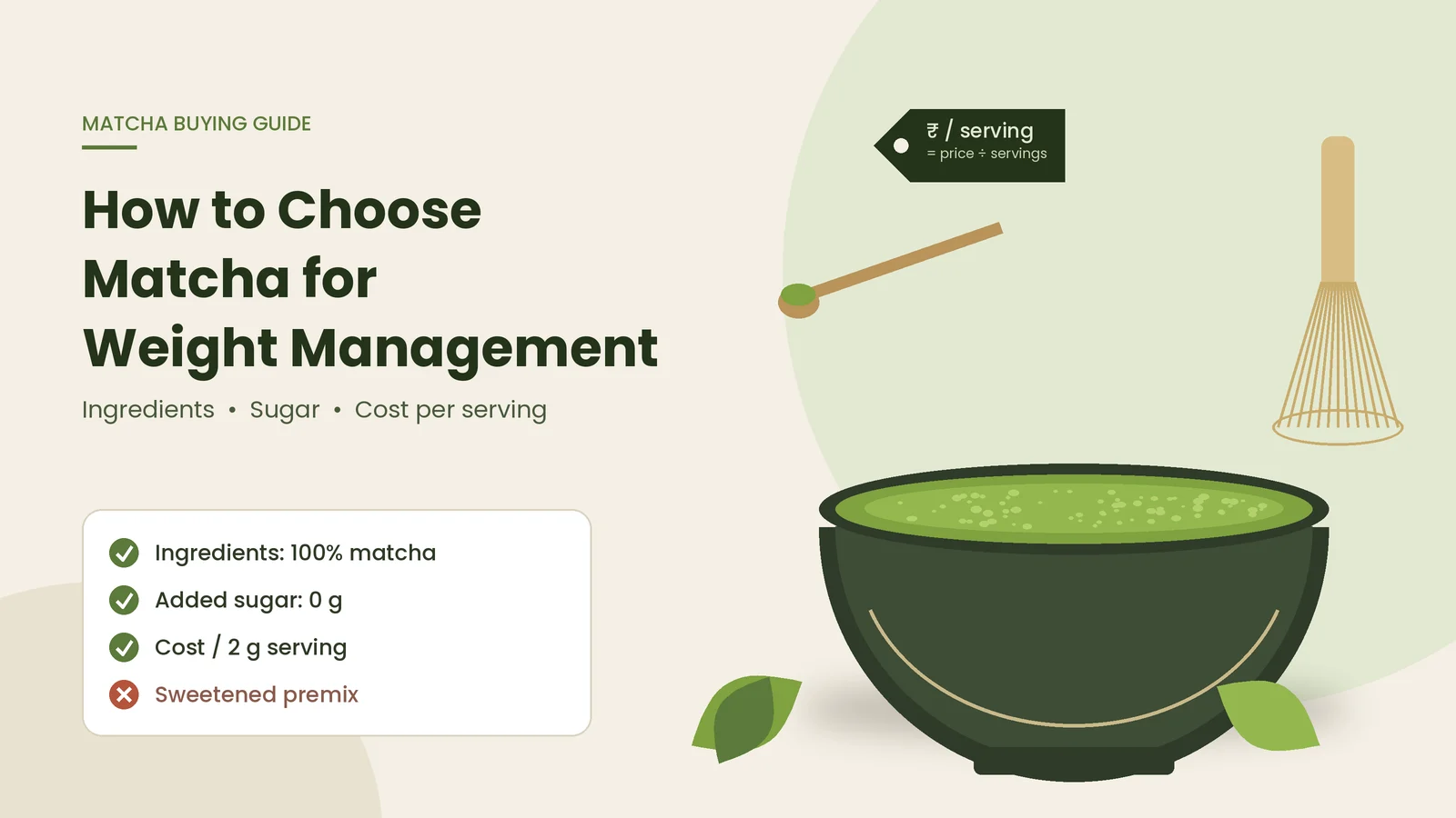 Bowl of whisked matcha with a bamboo whisk and checklist for ingredients, added sugar and cost per serving